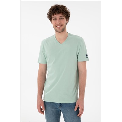 Erkek Regular Fit  V Yaka Su Yeşili Basic Tişört