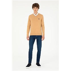 Erkek Slim Fit V Yaka Camel Melanj Basic Kazak
