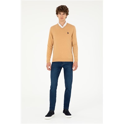 Erkek Slim Fit V Yaka Camel Melanj Basic Kazak