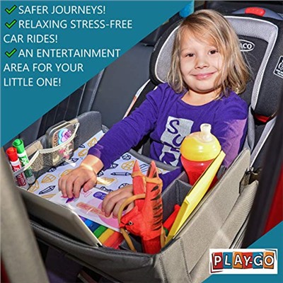 Kids Travel Tray Bonus Reading Light Clip | Premium Car Seat Activity Tray | Waterproof, Food & Snack Tray | Smartphone/Tablet/Cup Holder | Back Seat Organizer | Padded/Portable