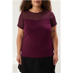 Mürdüm Kalp Yaka Mesh Detaylı Örme Bluz TBBSS24AF00046