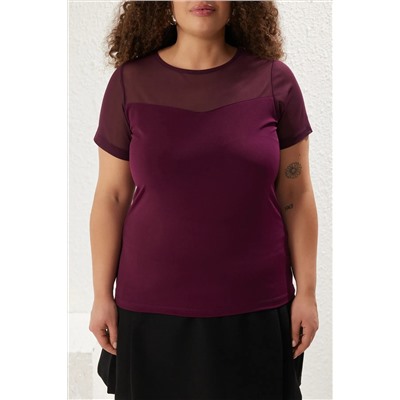 Mürdüm Kalp Yaka Mesh Detaylı Örme Bluz TBBSS24AF00046