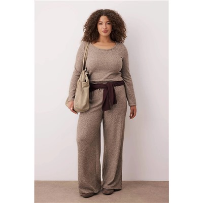 Kahverengi Yumoş Crop ve Wide Leg/Geniş Paça Örme Alt Üst Takım TBBAW26CP00005
