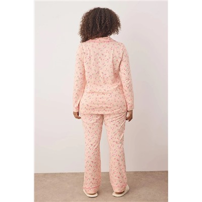 Pembe %100 Pamuklu Çiçekli Biyeli Örme Pijama Takımı TBBAW26AI00007