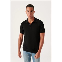Avva Erkek Siyah Polo Yaka Dokulu Ribanalı Standart Fit Normal Kesim Triko T-shirt B005009