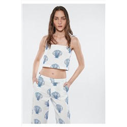 Mavi Deniz Kabuğu Baskılı Beyaz Crop Top 1210533-85474