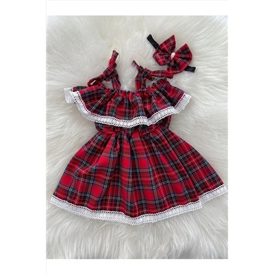 Moda Lina Kız Bebek Dantelli Kırmızı Ekose Salopet Bandana Set kırmızıekoseelbise