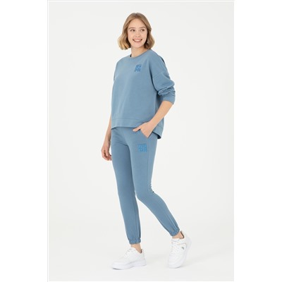 Kadın Koyu Mavi Basic Bisiklet Yaka Sweatshirt