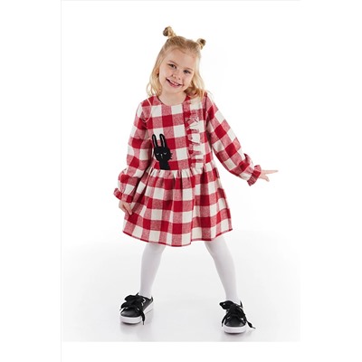 Denokids Siyah Tavşan Ekose Kalın Dokuma Kırmızı Kız Çocuk Elbise CFF-21S1-045