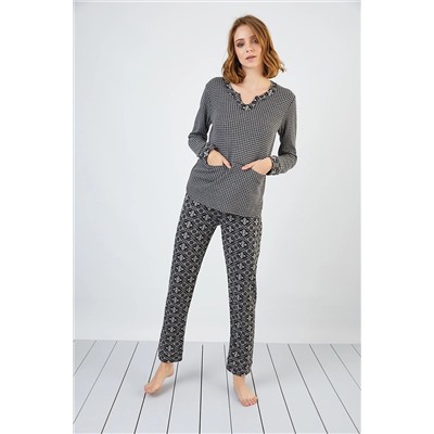 Sevim 13174 Kadın V Yaka Cepli Jakar Pijama Takım