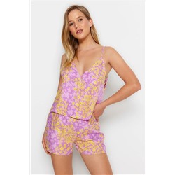 TRENDYOLMİLLA Çiçekli Sırt Pencere/Cut Out Detaylı Viskon Atlet-Şort Dokuma Pijama Takımı THMSS23PT00003