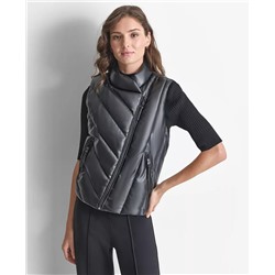 Women's Faux-Leather Zip-Front Puffer Vest