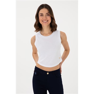 Kadın Beyaz Kolsuz Bisiklet Yaka Crop Basic Tişört