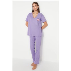 TRENDYOLMİLLA Lila %100 Pamuk Baskılı Cep Detaylı T-shirt-Pantolon Örme Pijama Takımı THMSS23PT00151