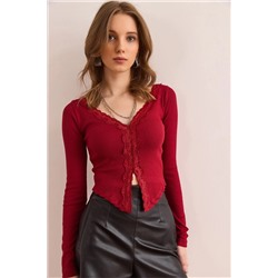 Olalook, Kadın Bordo Dantel Detaylı Eteği Oval Esnek Bluz BLZ-19002872