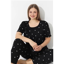 Siyah İnci Siyah Kalp Desenli Curve Büyük Beden Battal Boy Kısa Kollu Pamuklu Pijama Takımı 7614