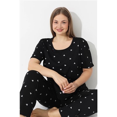 Siyah İnci Siyah Kalp Desenli Curve Büyük Beden Battal Boy Kısa Kollu Pamuklu Pijama Takımı 7614