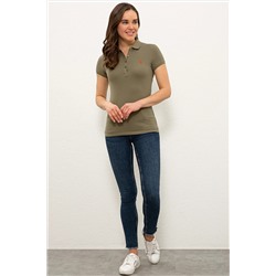 Kadın Haki Basic Polo Yaka Tişört