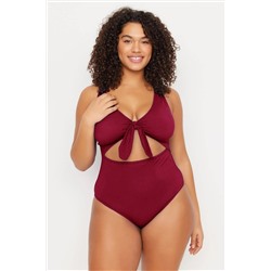 Trendyol Curve Bordo Derin V Yaka Cut-Out Bağlamalı Atma Kaplı Büyük Beden Mayo TBBSS22MA0302