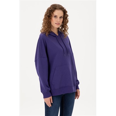 Kadın Mor Kapüşonlu Basic Sweatshirt