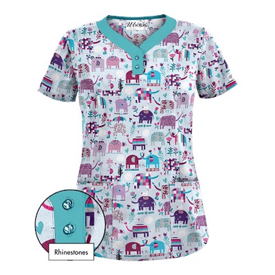 UA Lucky Elephants Amazing Aqua Print Scrub Top