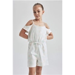 Kız Çocuk Regular Fit Batik Desenli Askılı Pamuklu Penye Yazlık Kısa Tulum