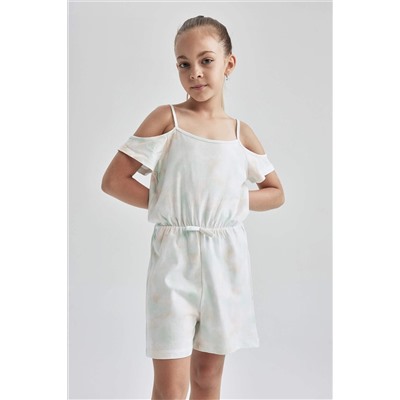 Kız Çocuk Regular Fit Batik Desenli Askılı Pamuklu Penye Yazlık Kısa Tulum