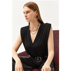 Olalook Kadın Siyah Drape Detaylı Kruvaze Yaka Altı Çıtçıtlı Bodysuit BDY-00000048