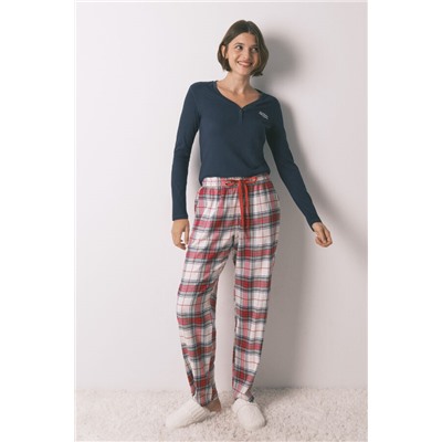 Pantalón largo 100% algodón franela cuadros rojo