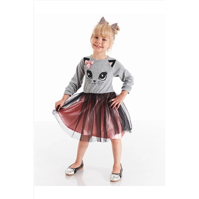 Denokids Ponçik Kedi Gri Pembe Tüllü Saten Kız Çocuk Elbise CFF-20S1-019