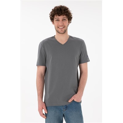 Erkek Regular Fit  V Yaka Antrasit Basic Tişört