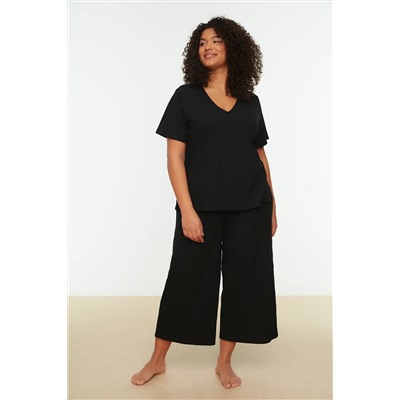 Siyah Fitilli V Yaka Capri Boy Örme Pijama Takımı TBBSS22PT0237
