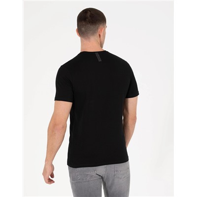 Siyah Slim Fit Baskılı Bisiklet Yaka Tişört