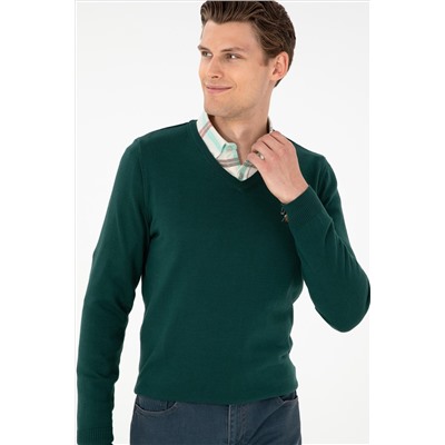 Erkek Slim Fit V Yaka Yeşil Basic Kazak