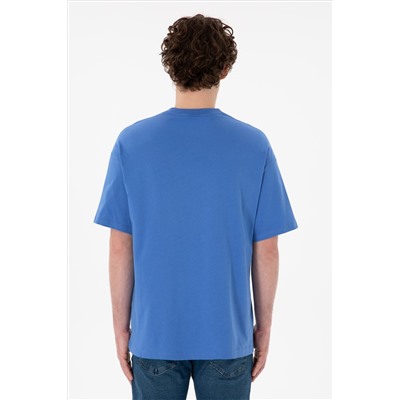 Erkek Oversize Fit Bisiklet Yaka İndigo Tişört