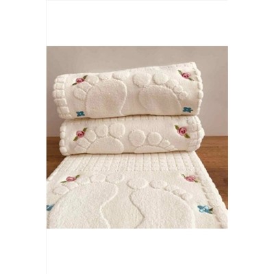 üntaşLife 1 Adet Nakışlı 250 gr %100 Pamuk Ayak Havlusu Paspası Krem Eckrmhavlu