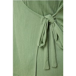 Koyu Mint Kruvaze Bağlama Detaylı Örme Bluz TBBSS23AH00126