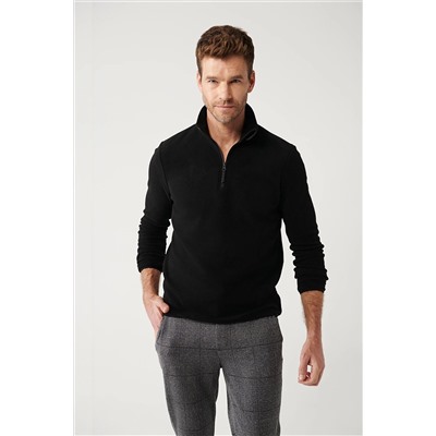 Avva Erkek Siyah Dik Yaka Soğuğa Dayanıklı Yarım Fermuarlı Regular Fit Standart Kesim Polar Sweatshirt E001068