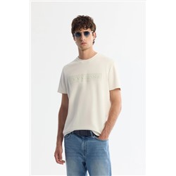 Ekru Bisiklet Yaka Baskılı Elastan T-Shirt