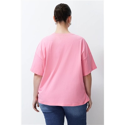 Pembe Baskılı Oversize %100 Pamuk Örme T-shirt TBBSS24BF00011