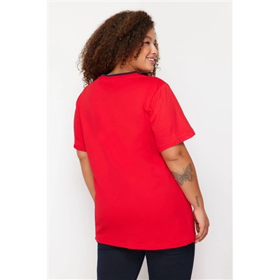 Kırmızı Renk Blok Detaylı Boyfriend %100 Pamuk Örme T-shirt TBBSS24BF00012