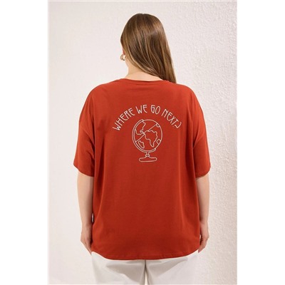 Kiremit %100 Pamuk Sırt Baskılı Rahat Kesim Bisiklet Yaka Örme T-Shirt TBBSS24BF00025