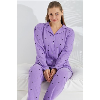 Siyah İnci lila puan desen Curve Büyük Beden Battal boy Düğmeli Pamuklu Pijama Takımı 7617