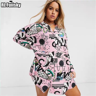 Женская рубашка Plus Size  Весёлый мультяшный принт
