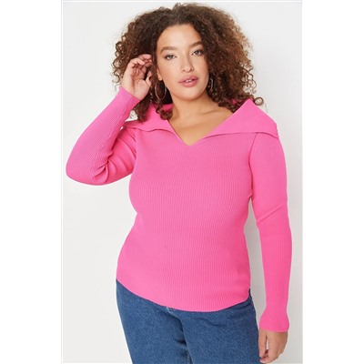 Trendyol Curve Fuşya Kayık Yaka Triko Bluz TBBAW23AN00126