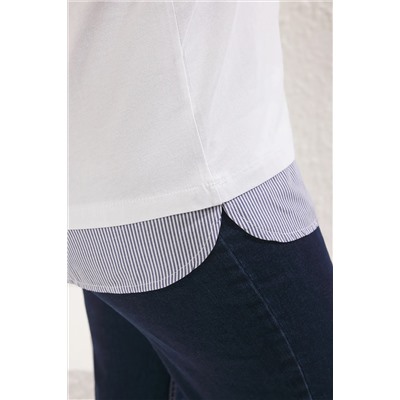 Beyaz Yaka ve Etek Ucunda Çizgili Poplin Detaylı Örme Büyük Beden T-shirt TBBSS25BF00003