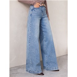 Джинсы трубы широкие с декоративной стиркой из эластичного денима