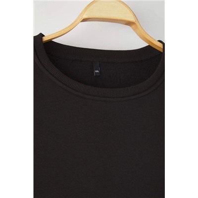Siyah Oversize/Rahat Kesim Basic Bisiklet Yaka Kalın/İçi polarlı Örme Sweatshirt TBBAW25AO00008