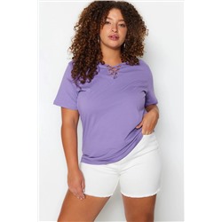 Lila Yaka Detaylı Boyfriend Fit %100 Pamuk Örme Büyük Beden T-Shirt TBBSS22TS1027