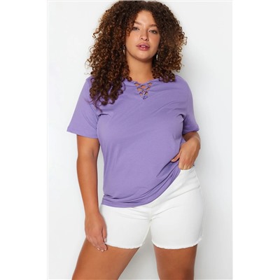 Lila Yaka Detaylı Boyfriend Fit %100 Pamuk Örme Büyük Beden T-Shirt TBBSS22TS1027